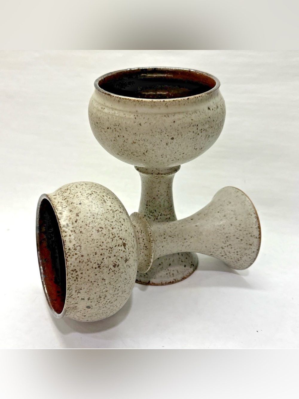Studio Art Pottery Set 2 Goblets 6.25" Hand Thrown Matte Speckle Chalice Signed